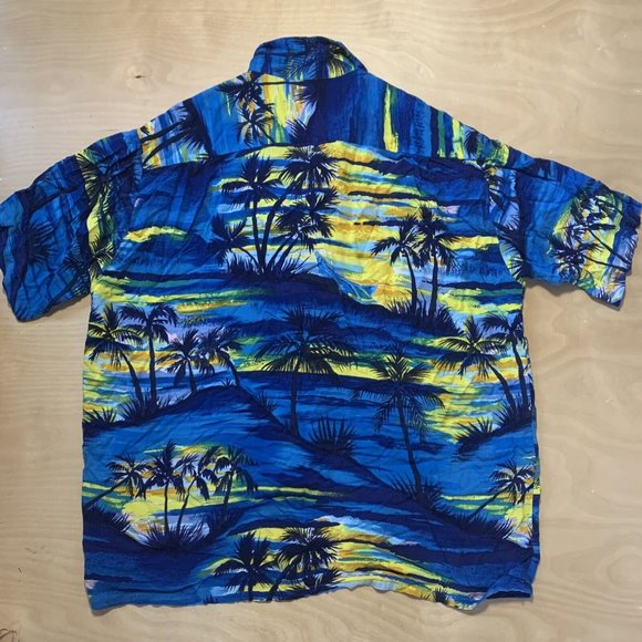 Ocean Current Men’s Hawaiian Shirt Blue & Yellow Size L Palm Tree Print - Picture 7 of 7